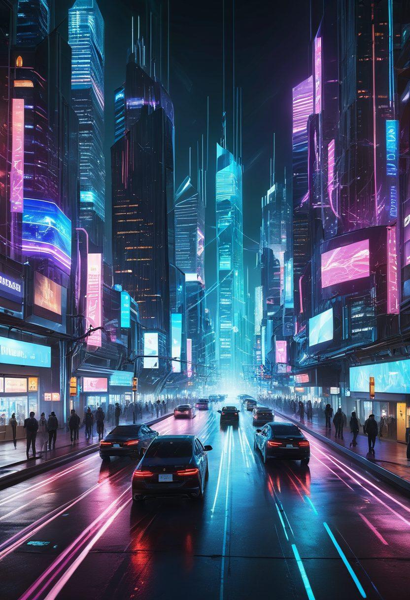 A futuristic cityscape with towering skyscrapers made of digital code, a glowing web matrix in the background, individuals working on holographic interfaces, and interconnected digital highways. Vibrant colors, high-tech elements, 3D rendering, cyberpunk aesthetic.