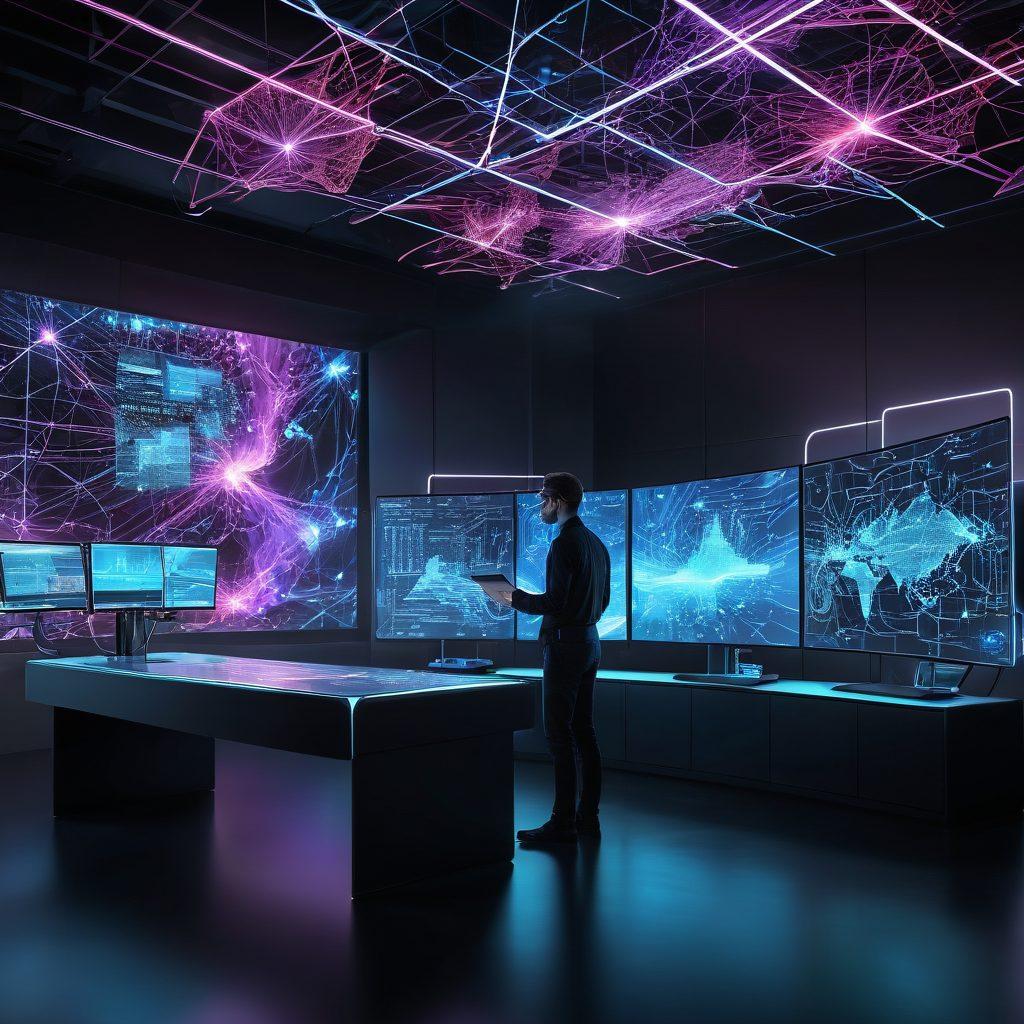 A sleek and futuristic digital landscape featuring an intricate web of interconnected devices, cloud servers, and neon circuitry. Depict a dynamic professional analyzing data streams with holographic interfaces. Emphasize cutting-edge web technologies like AI, blockchain, and VR elements seamlessly integrated into the scene. super-realistic. vibrant colors. dark futuristic background.